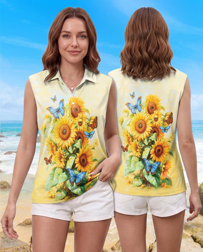 Sunflower Butterfly Sleeveless Polo Shirt for Women | Netecom