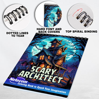 Scary Architect Spiral Bound Coloring Book, Journey into a Realm of Eerie Enchantment with 30 Artistic Coloring Pages Inspired by the Dark Imagination.