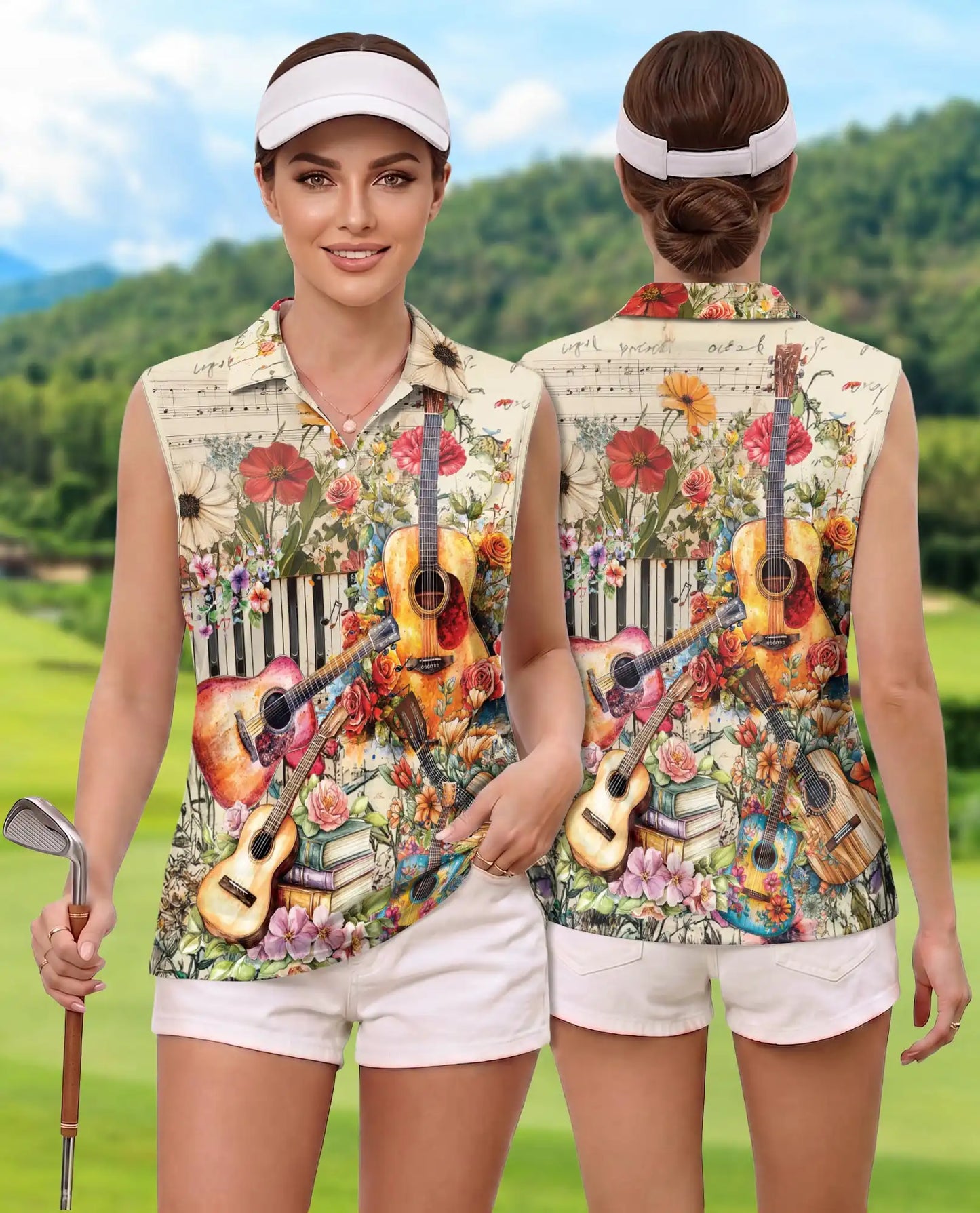 Vintage Flower Ukulele Sleeveless Polo Shirt for Women – Boho Music Style | Netecom