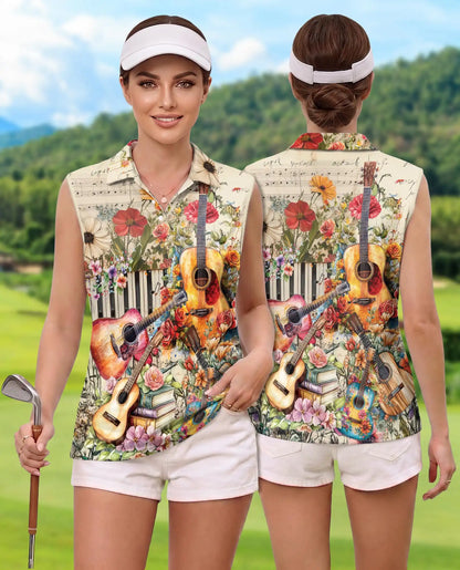 Vintage Flower Ukulele Sleeveless Polo Shirt for Women – Boho Music Style | Netecom