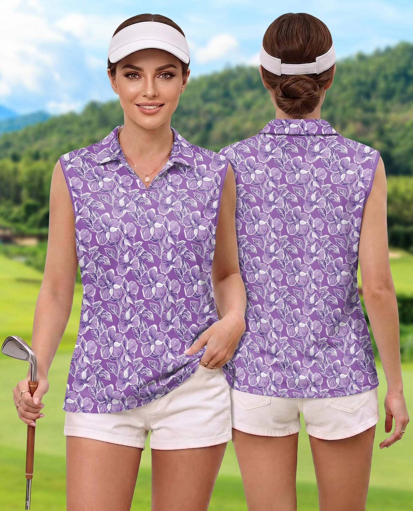 Big Hibiscus Purple Sleeveless Polo Shirt for Women | Netecom