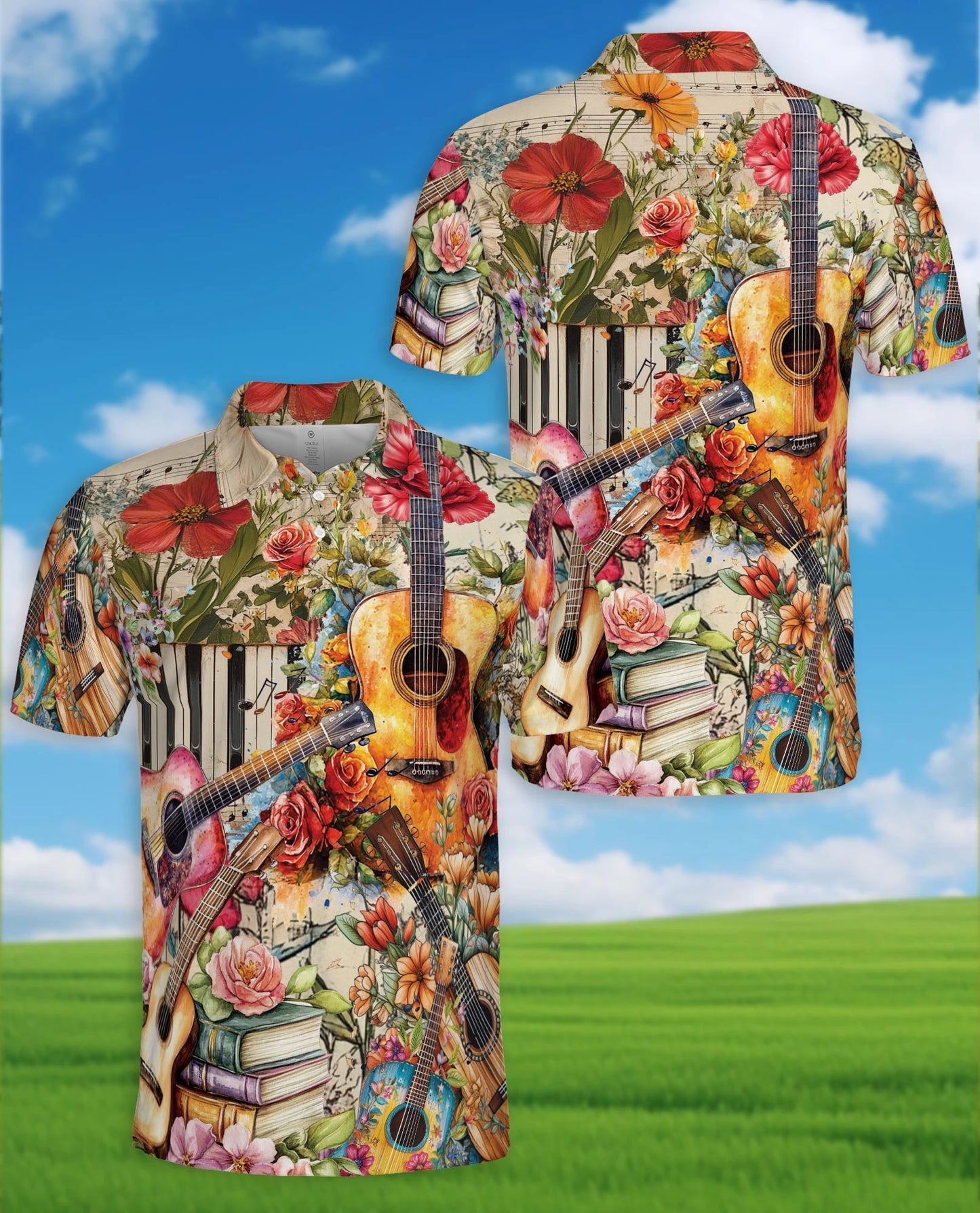 Vintage Flower Ukulele Polo Shirt for Men – Tropical Music Style | Netecom