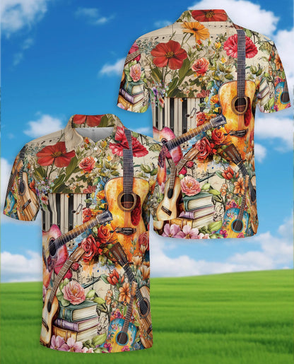 Vintage Flower Ukulele Polo Shirt for Men – Tropical Music Style | Netecom