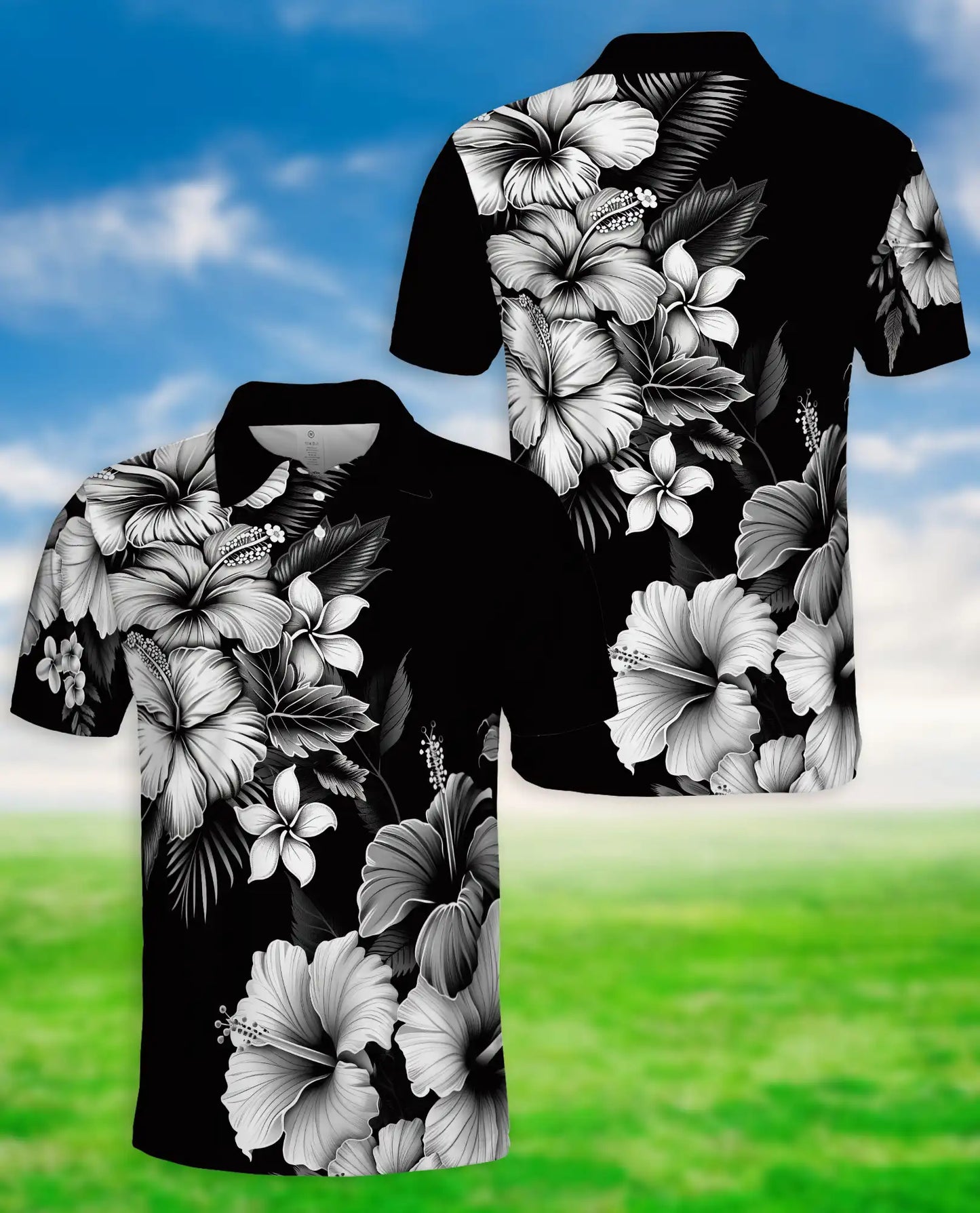 Black White Hibiscus Floral Polo Shirt for Men-Tropical Flower Summer | Netecom