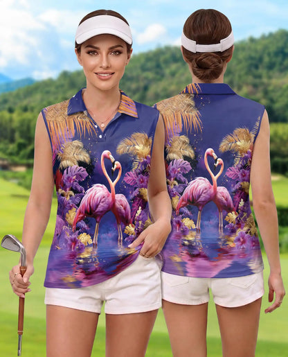 Tropical Pair of Pink Flamingos Sleeveless Polo Shirt for Women | Netecom