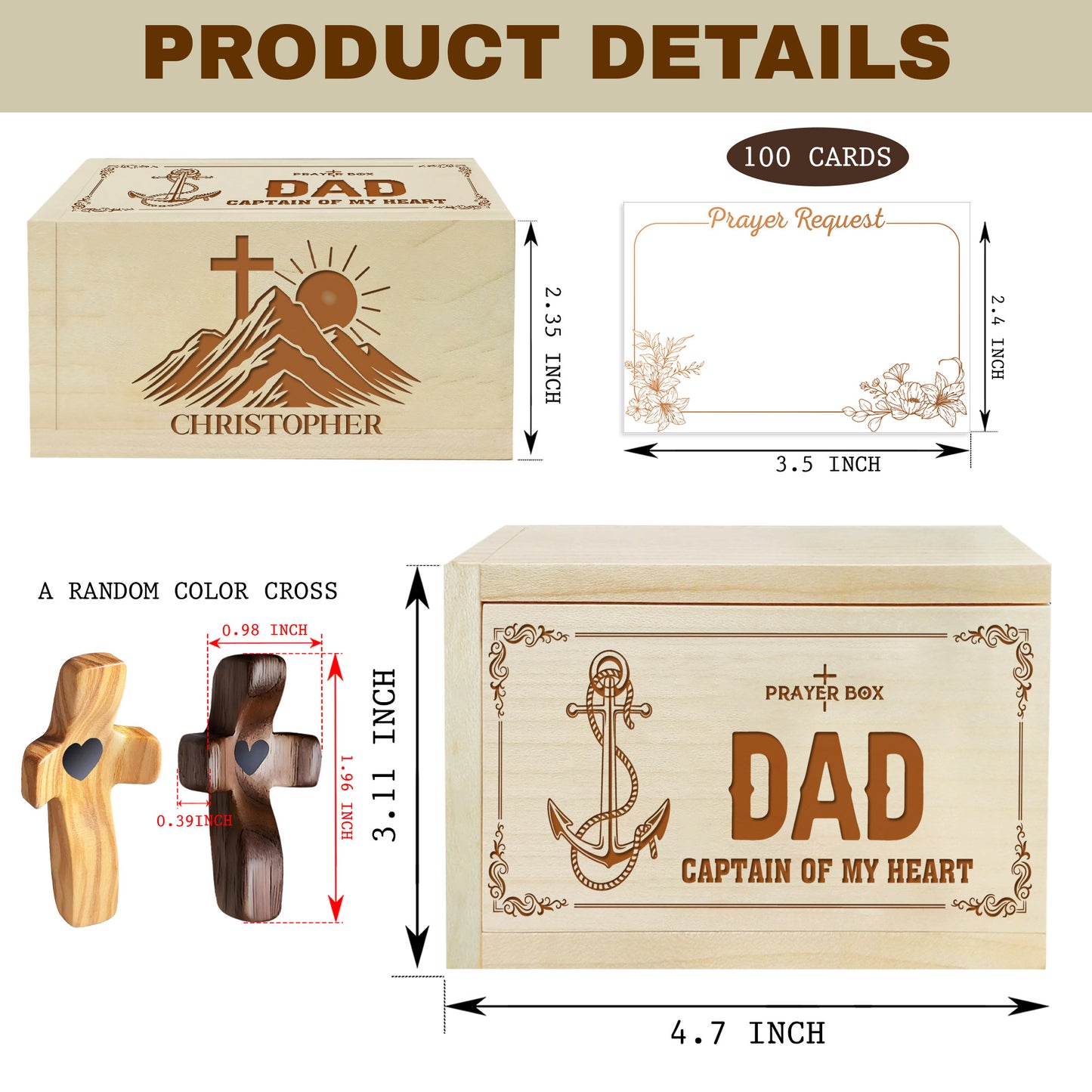 Netecom Personalized Dad Prayer Box with Custom Name on Box & Cross, Wooden Christian Keepsake with 100 Prayer Request Cards, Faith Gift for Father