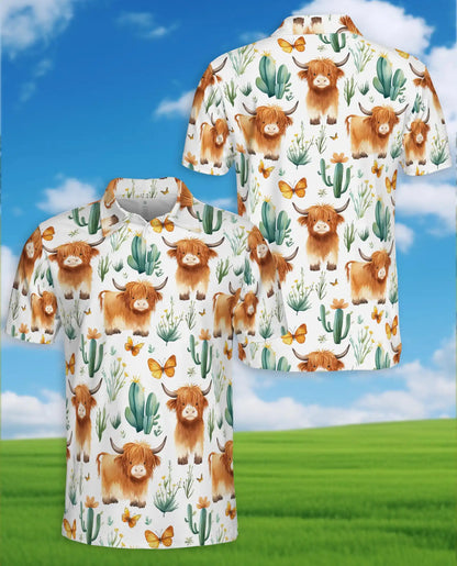 Highland Cow Polo Shirt - Cute Cactus Western Farm Style | Netecom