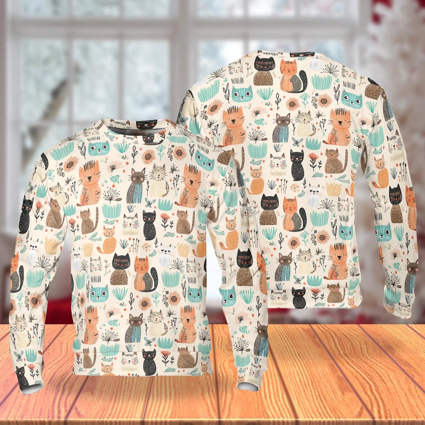 Abstract Cat Sweatshirt, 3D All Over Print Trees and Flowers Crewneck Pullover for Men Women, Cat Lover Gift - Netecom