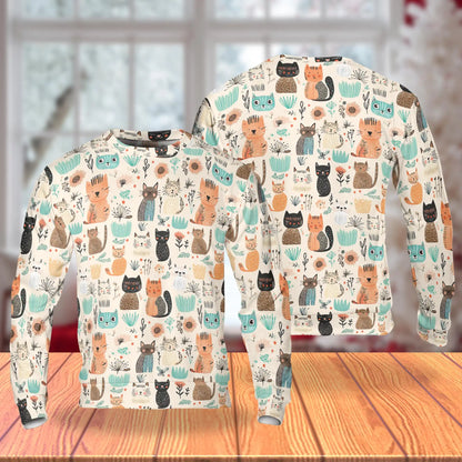 Abstract Cat Sweatshirt, 3D All Over Print Trees and Flowers Crewneck Pullover for Men Women, Cat Lover Gift - Netecom