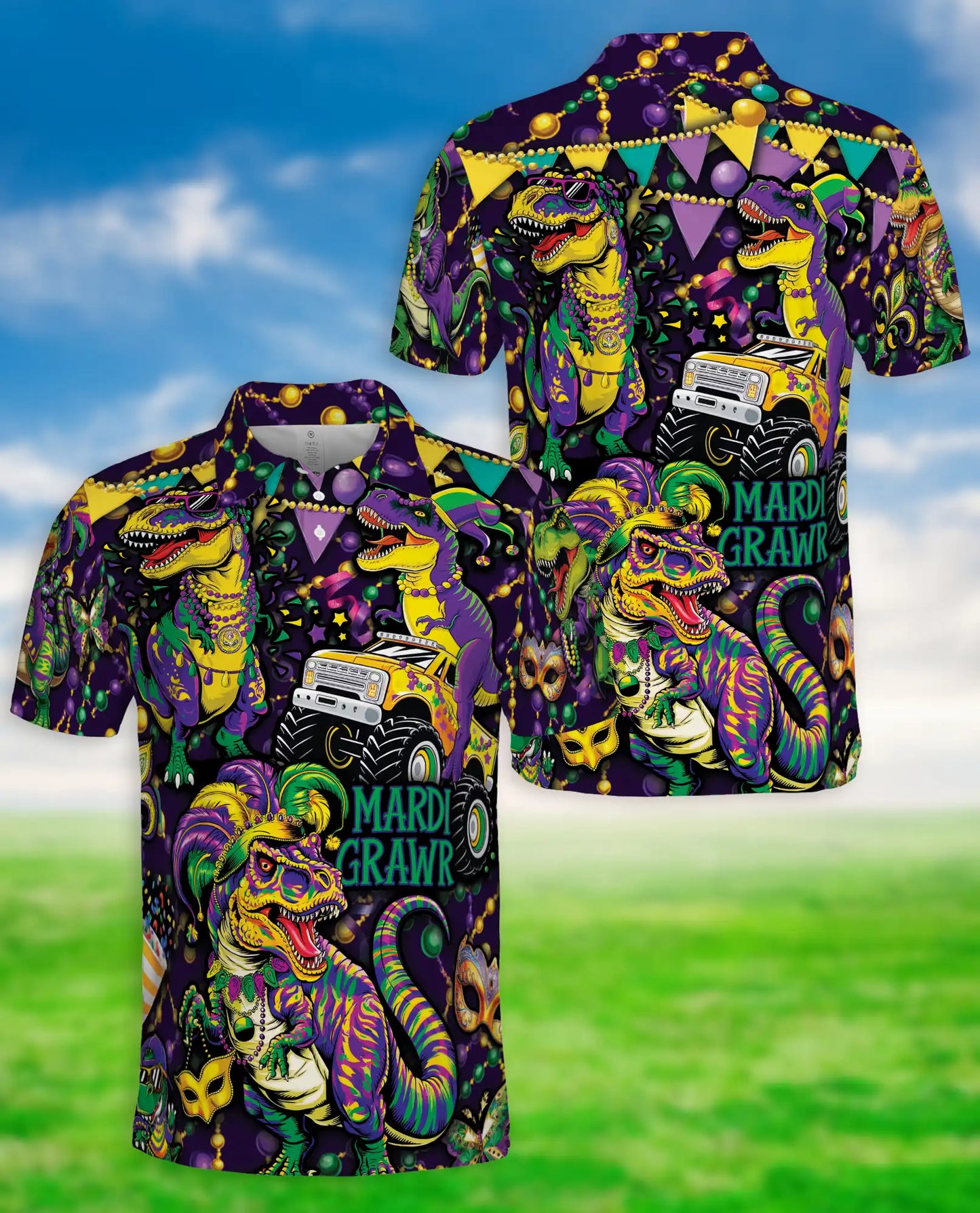Mardi Grawr Dinosaur Polo Shirt for Men-Funny Mardi Gras T Rex Carnival Party Shirt | Netecom