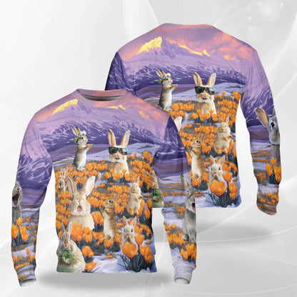 Rabbits in the Snow Sweatshirt, 3D All Over Print Winter Woodland Crewneck Pullover for Men Women, Rabbit Lover Gift - Netecom