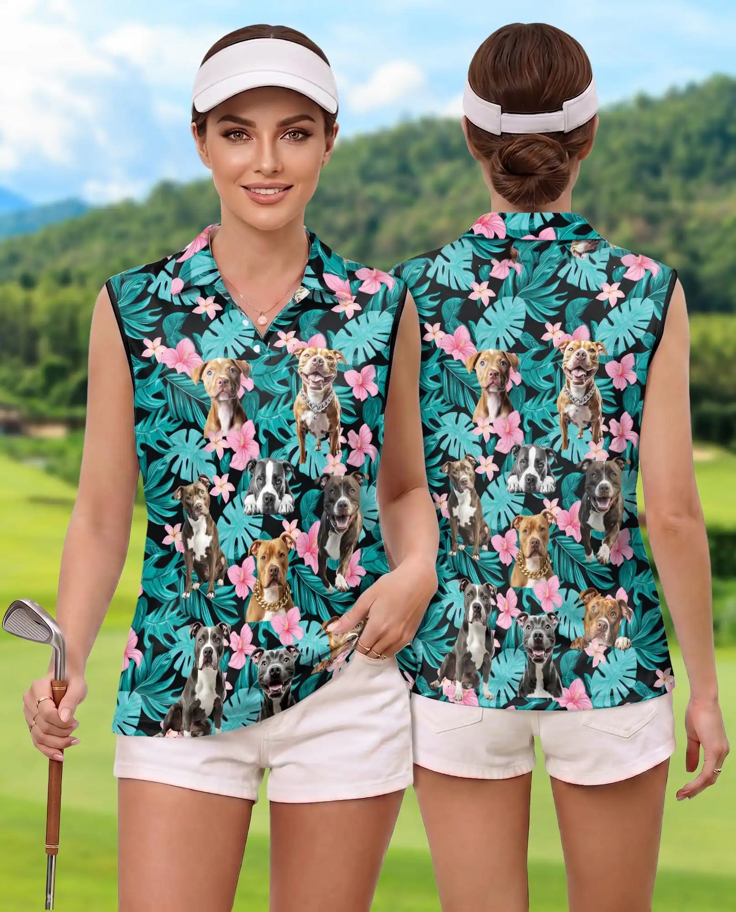 Tropical Pitbull Sleeveless Polo Shirt for Women – Cute Dog Summer Style | Netecom
