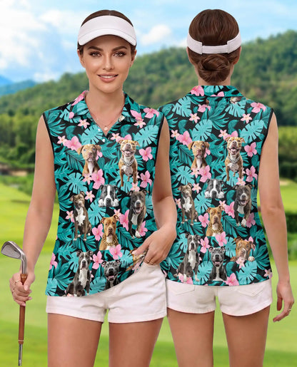 Tropical Pitbull Sleeveless Polo Shirt for Women – Cute Dog Summer Style | Netecom