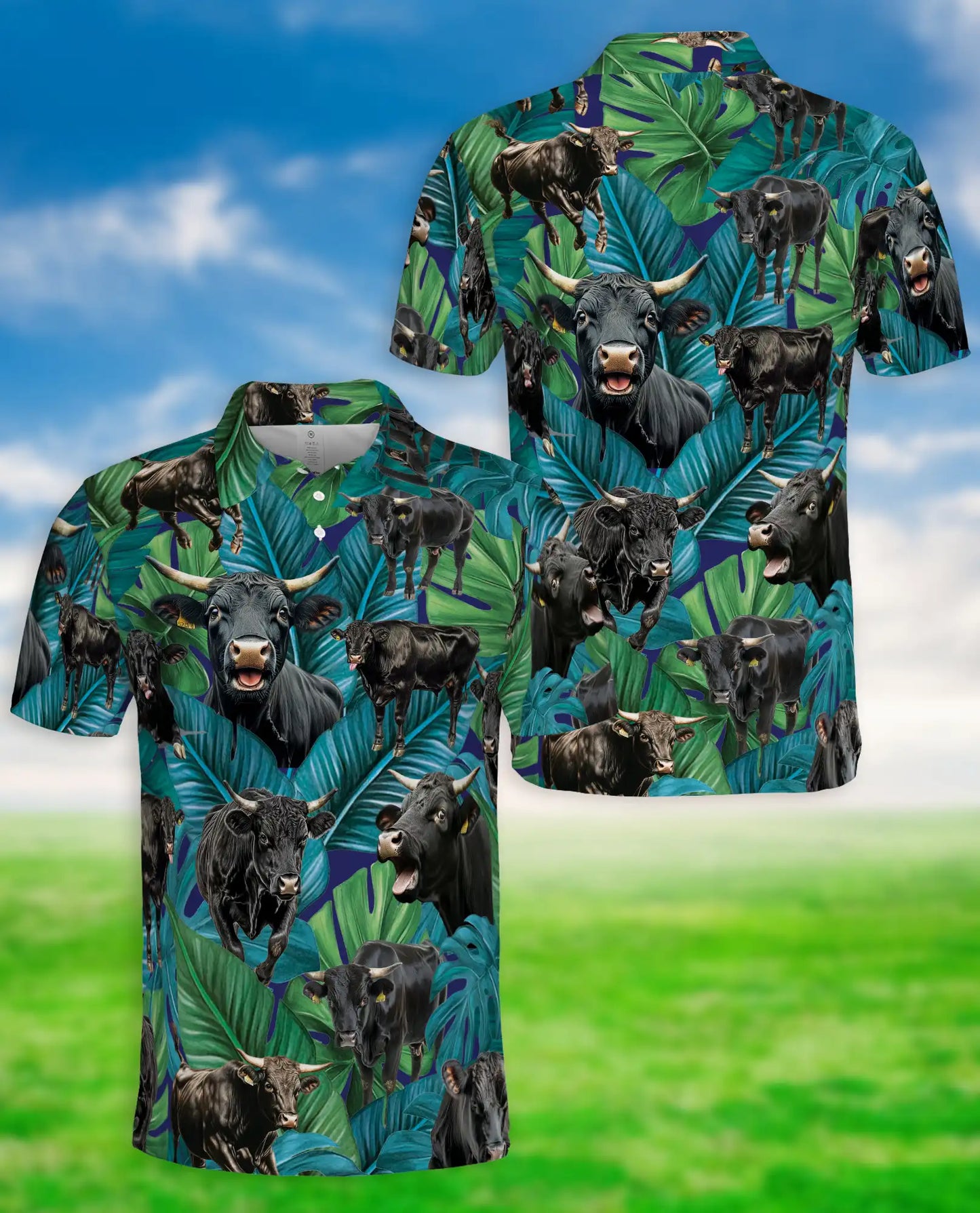 Tropical Black Bull Polo Shirt - Ranch Cattle Island Style | Netecom