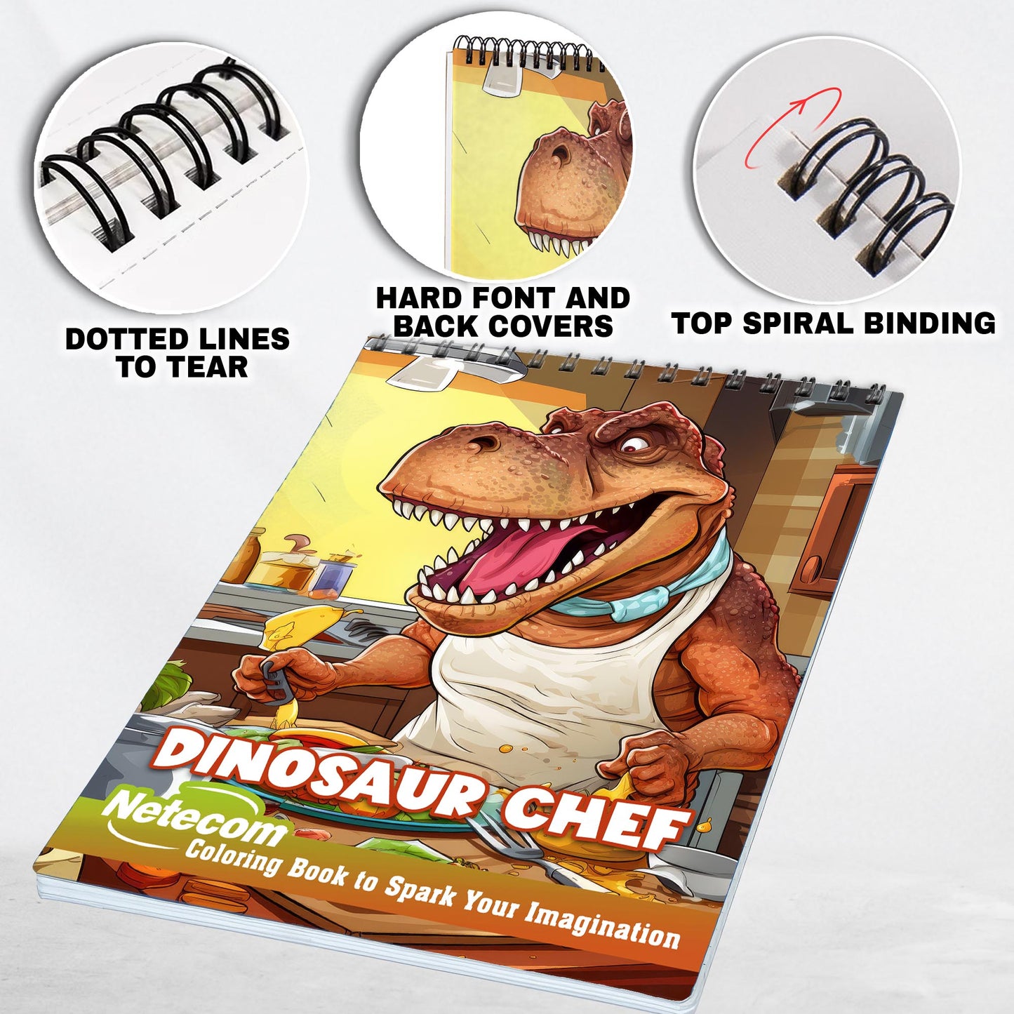 Dinosaur Chef Spiral Bound Coloring Book, Unleash Your Imagination with 30 Enchanting Coloring Pages, Merging the Prehistoric and the Culinary in Whimsical Dinosaurs