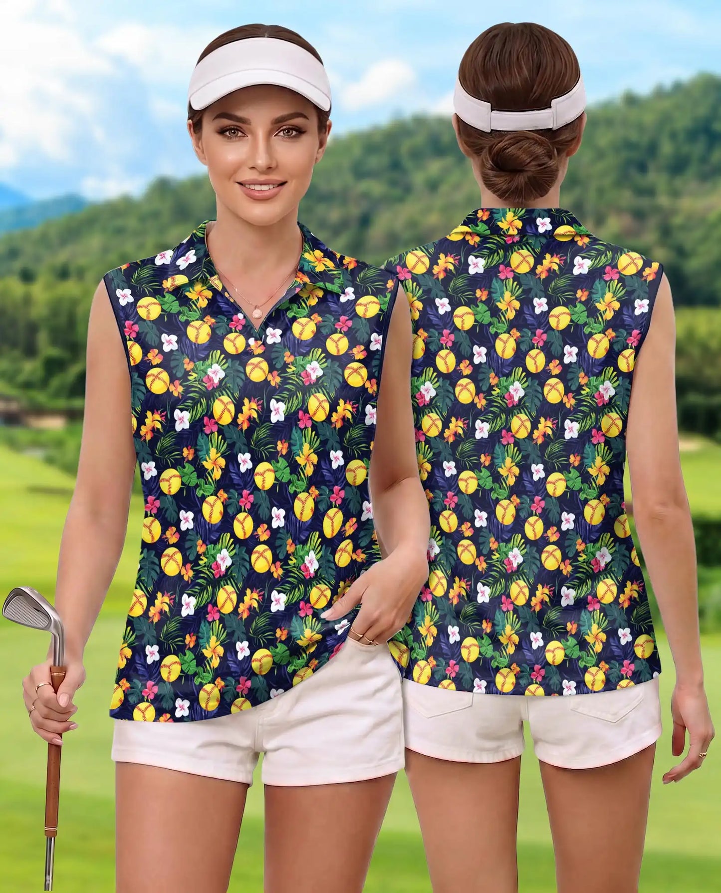 Softball Simple Floral Sleeveless Polo Shirt for Women – Sporty Flower Style | Netecom