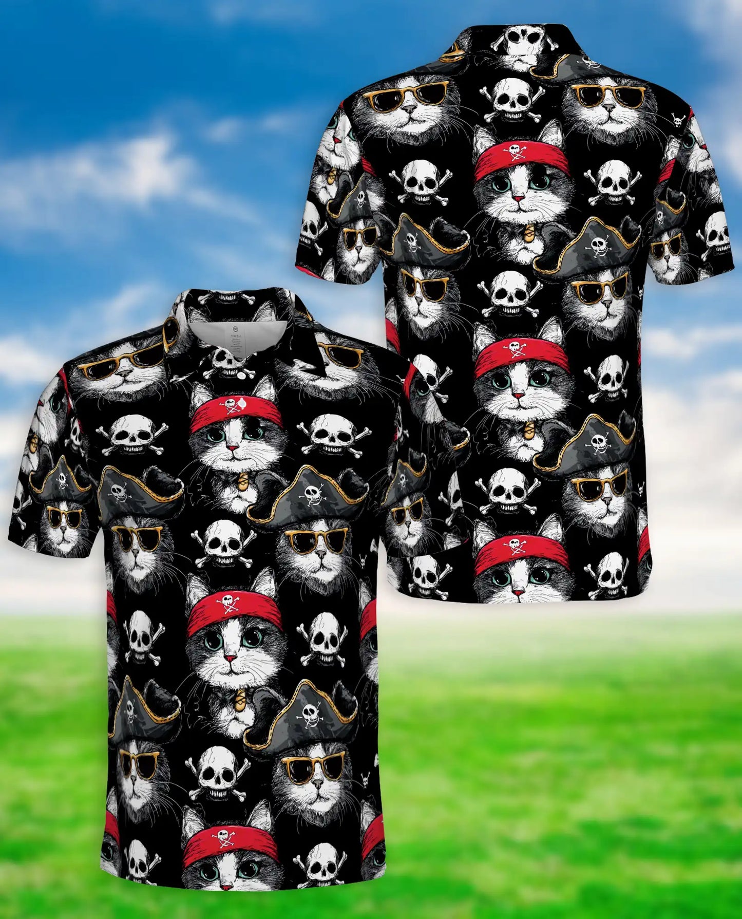 Pirate Cat 3D Polo Shirt for Men – Funny Skull Kitty Style | Netecom