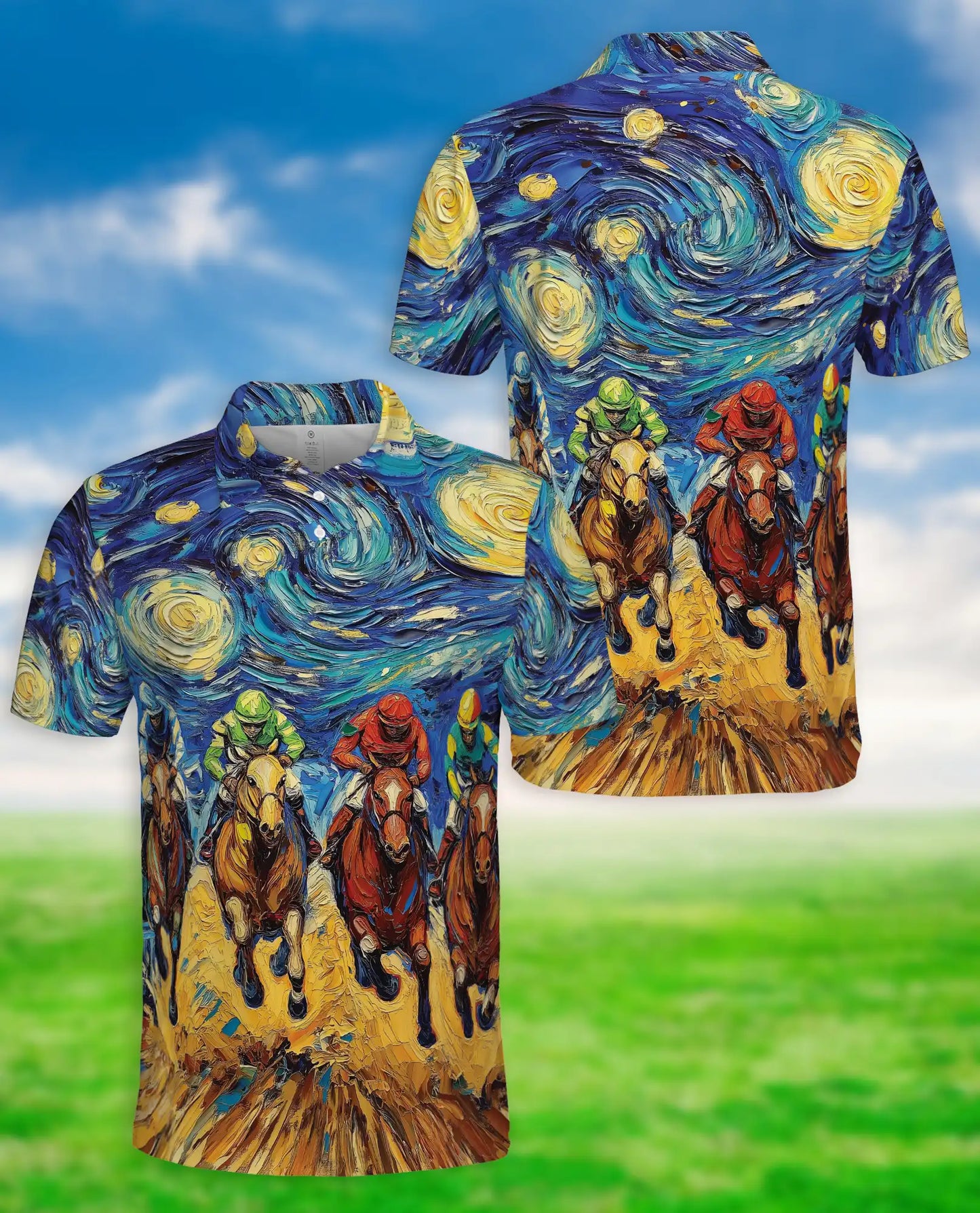 Starry Night Horse Racing 3D Polo Shirt for Men – Artistic Jockey Derby Style | Netecom