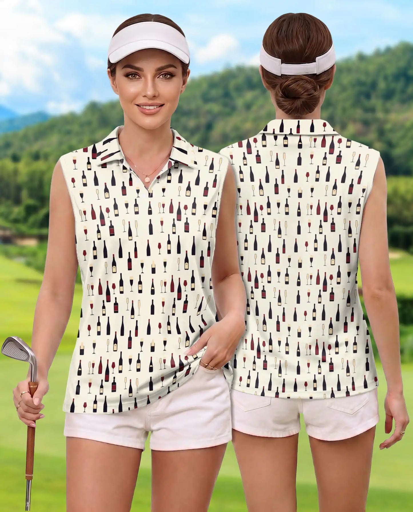 Wine Bottle And Glass Print Sleeveless Polo Shirt for Women | Netecom