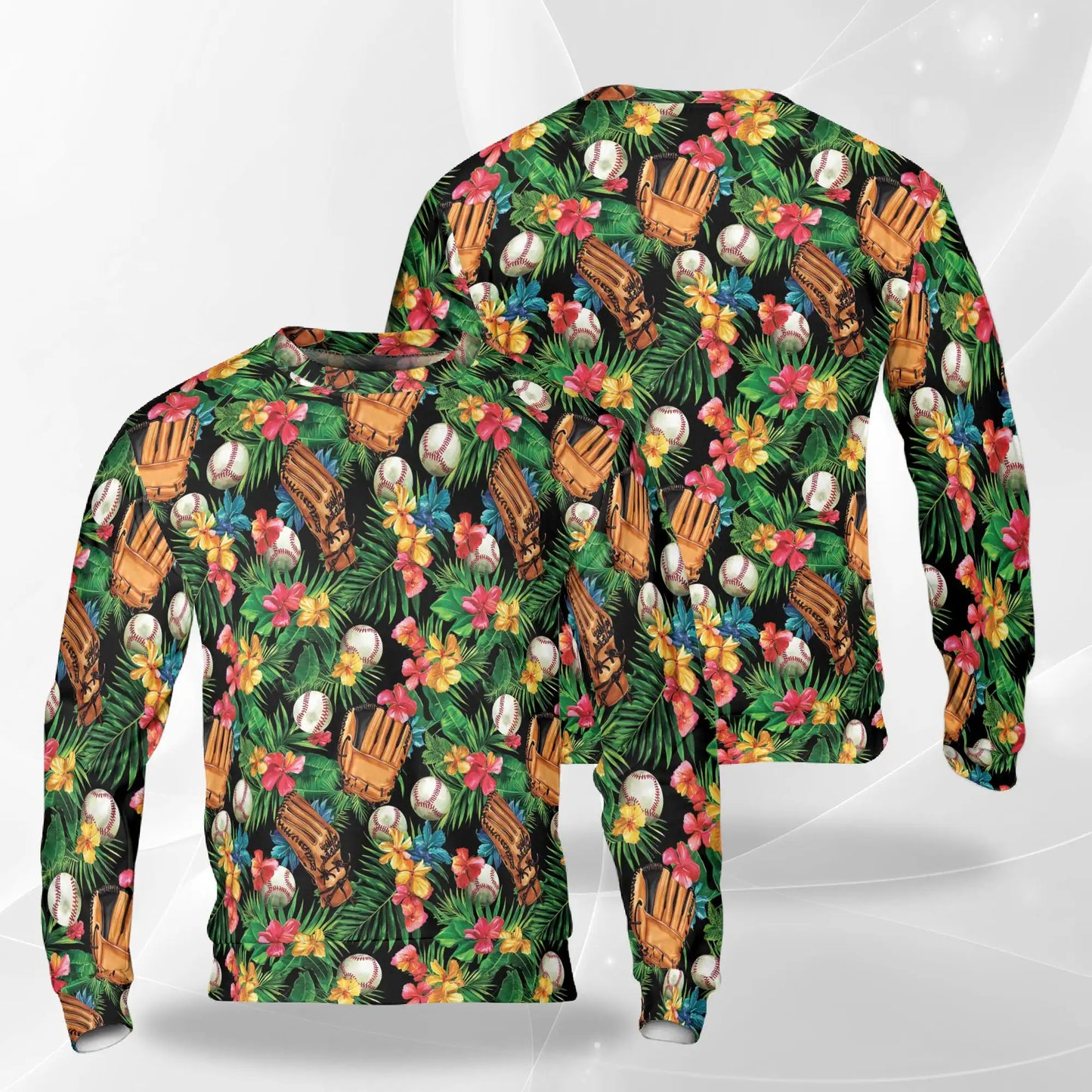 Baseball Tropical Sweatshirt, 3D All Over Print Baseball Art Crewneck Pullover for Men Women, Baseball Lover Gift - Netecom