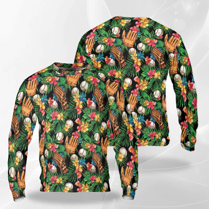 Baseball Tropical Sweatshirt, 3D All Over Print Baseball Art Crewneck Pullover for Men Women, Baseball Lover Gift - Netecom