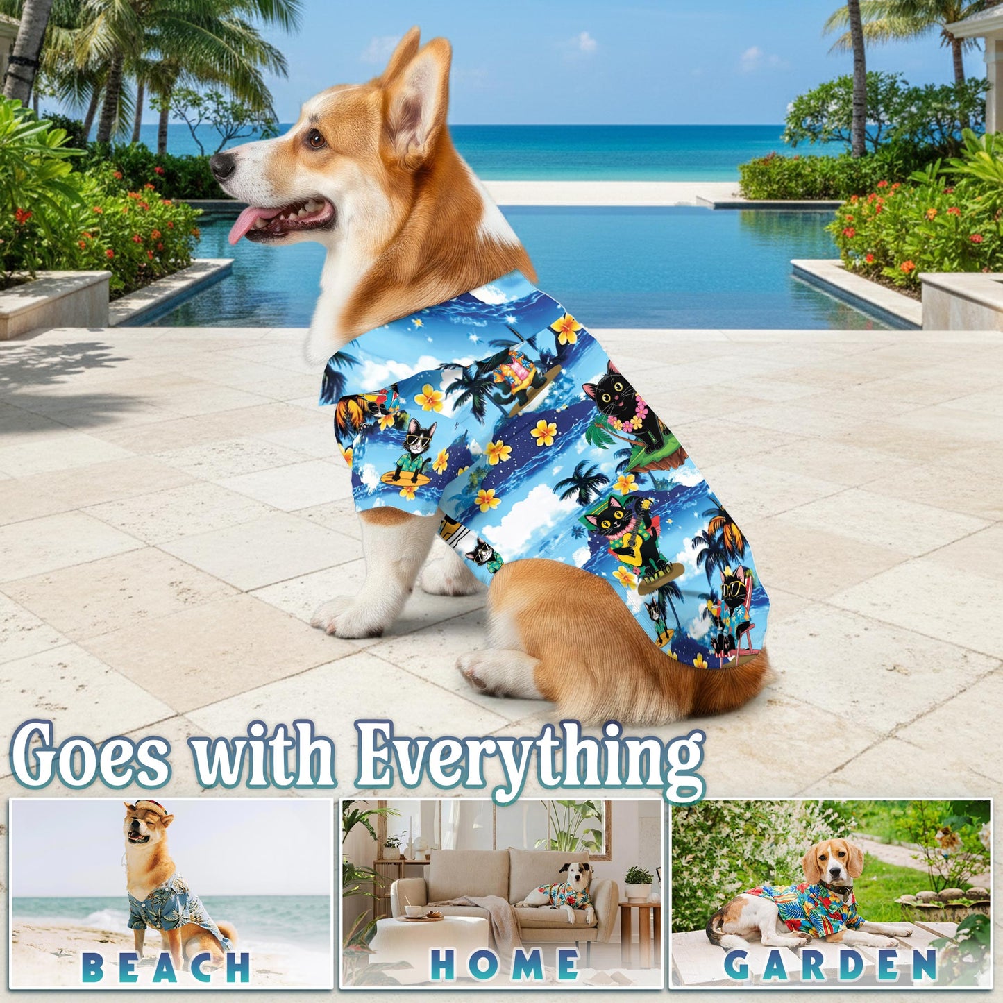 Netecom Matching Black Cat Beach Hawaiian Shirt for Dog and Owner, Aloha Summer Shirt, 3D Cat Print Outfit for Pet and Human, Beach Vacation Casual Wear