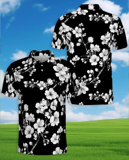 Monochrome Cherry Blossom Polo Shirt - Elegant Floral Style | Netecom