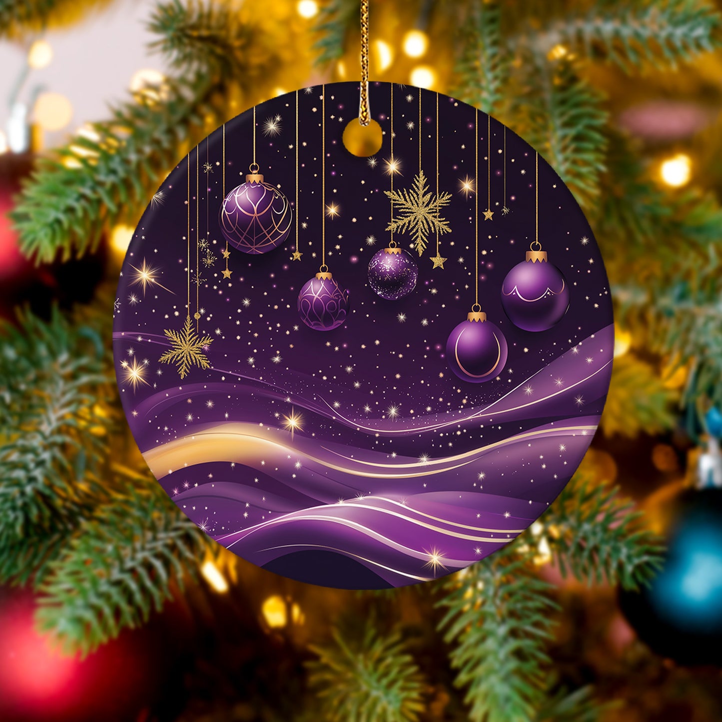 Netecom Elegant Purple Abstract Baubles Christmas Ornaments, Ceramic Star Night Gold Sparkle Keepsake Ornament for Xmas Tree Decorations, Gifts for Holiday, Party, Home Decor