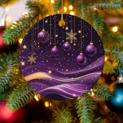 Netecom Elegant Purple Abstract Baubles Christmas Ornaments, Ceramic Star Night Gold Sparkle Keepsake Ornament for Xmas Tree Decorations, Gifts for Holiday, Party, Home Decor
