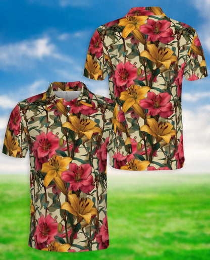 Vintage Lily Garden Floral Polo Shirt-Botanical Flower Pattern Design | Netecom