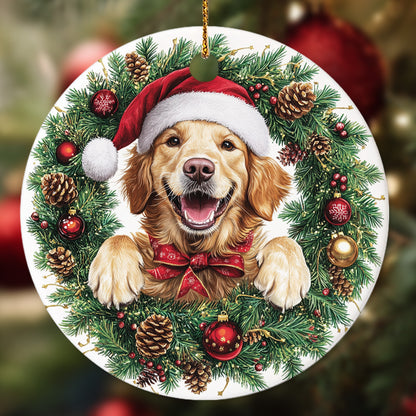 Netecom Funny Golden Retriever in Santa Hat Christmas Ornament, Puppy Ceramic Ornament for Xmas Tree Hanging Decorations Gift, Dog Lover Gifts, Holiday Party Present