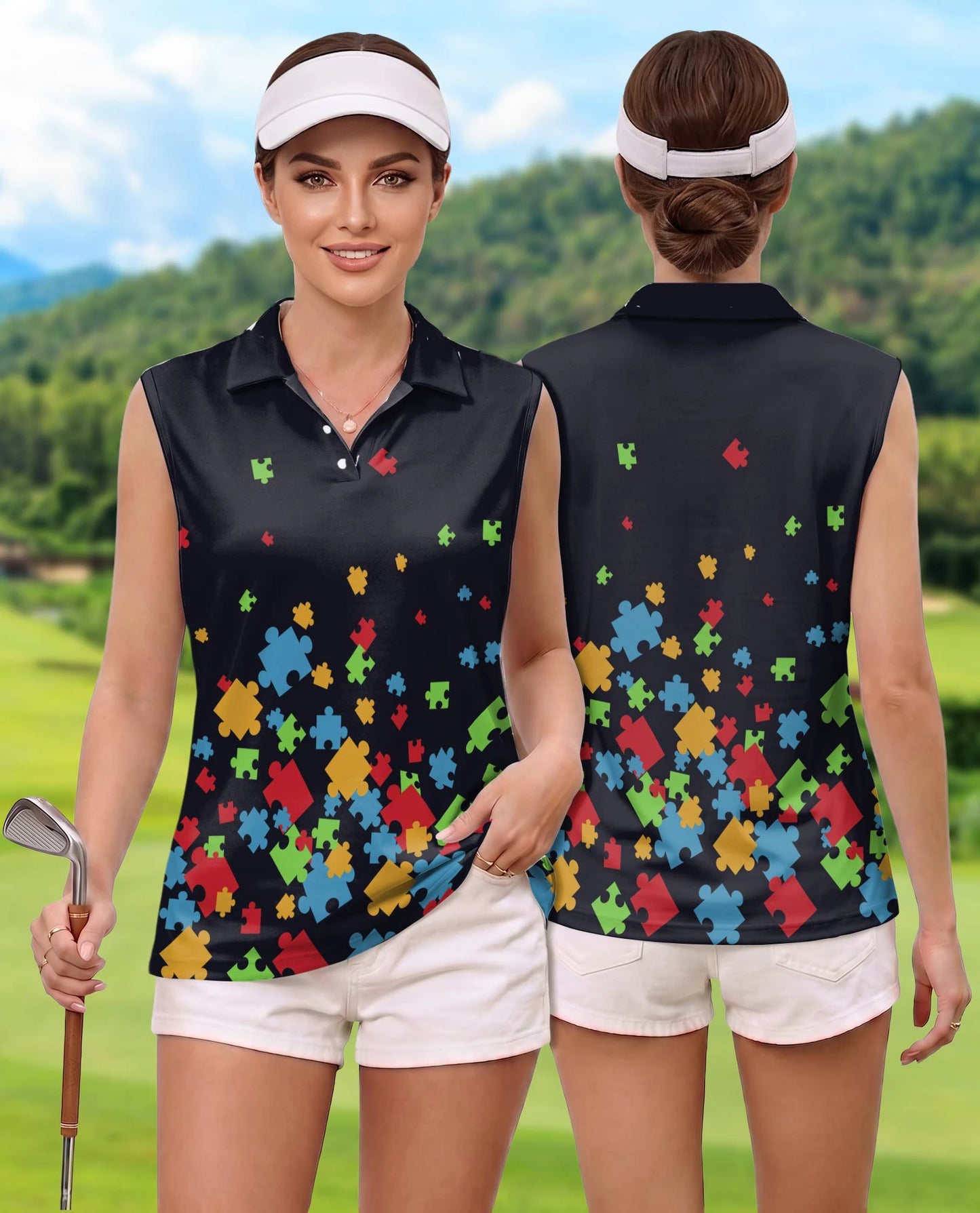 Colorful Autism Awareness Sleeveless Polo Shirt for Women – Support Style | Netecom