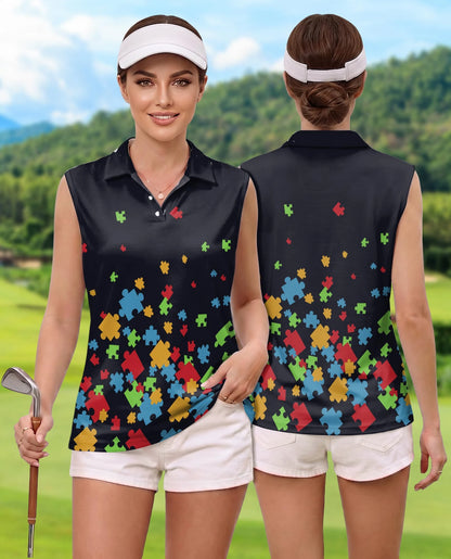 Colorful Autism Awareness Sleeveless Polo Shirt for Women – Support Style | Netecom