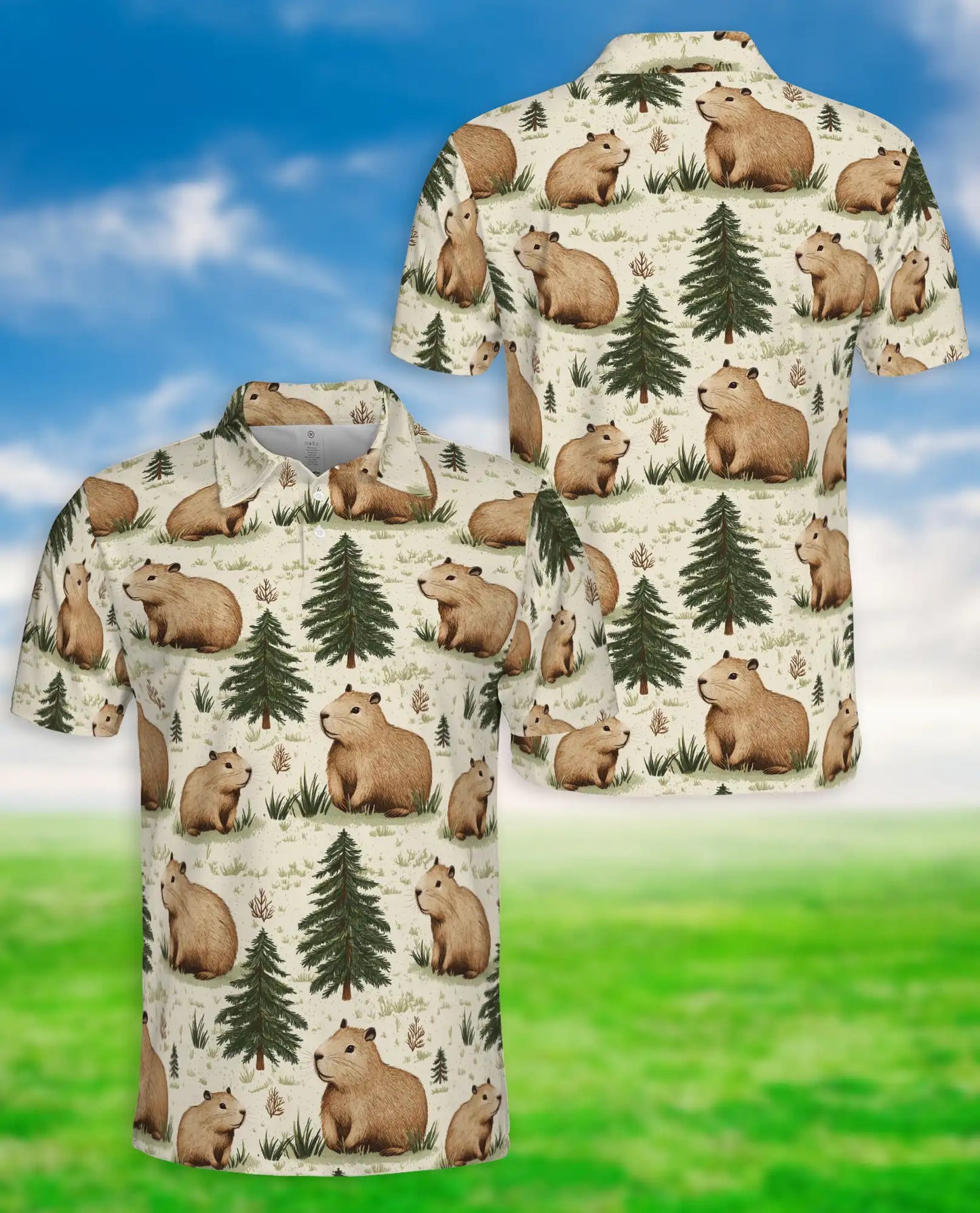 Capybara Forest 3D Polo Shirt for Men – Cute Woodland Animal Style | Netecom