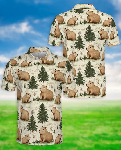 Capybara Forest 3D Polo Shirt for Men – Cute Woodland Animal Style | Netecom