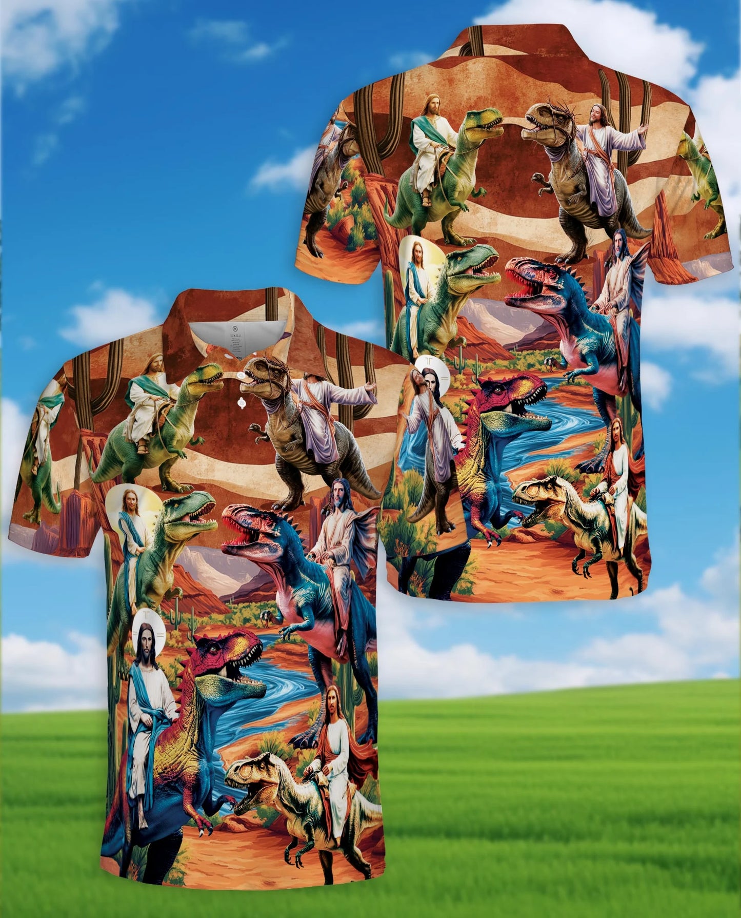 Jesus Riding Dinosaur Polo Shirt for Men – Funny Faith Fantasy Style | Netecom