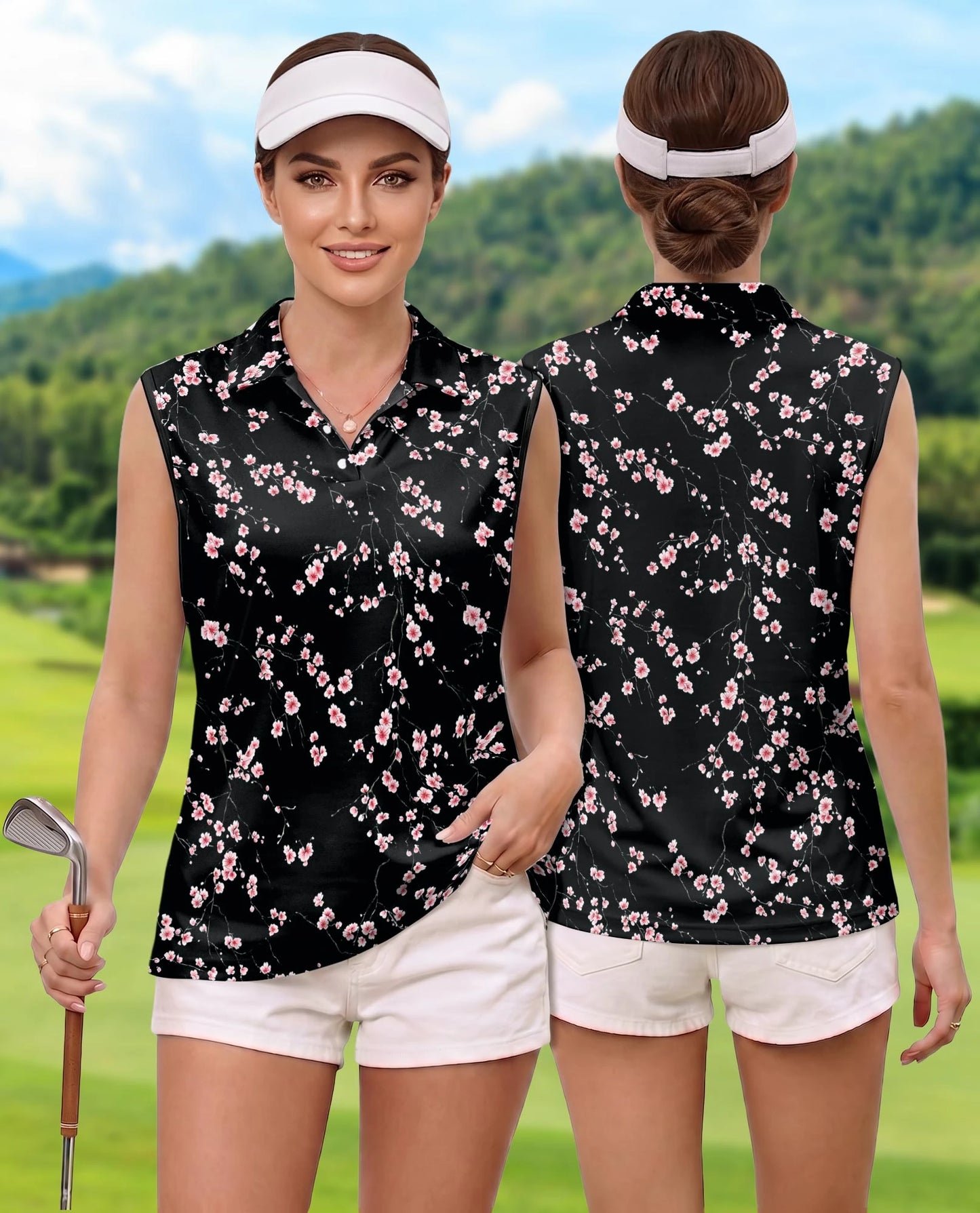 Japanese Sakura Cherry Blossom Sleeveless Polo Shirt for Women | Netecom