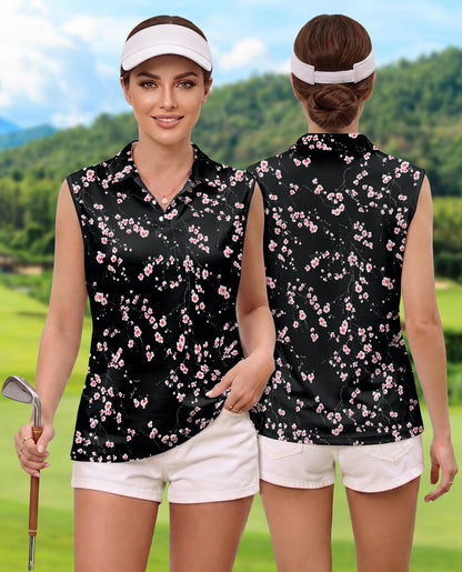 Japanese Sakura Cherry Blossom Sleeveless Polo Shirt for Women | Netecom