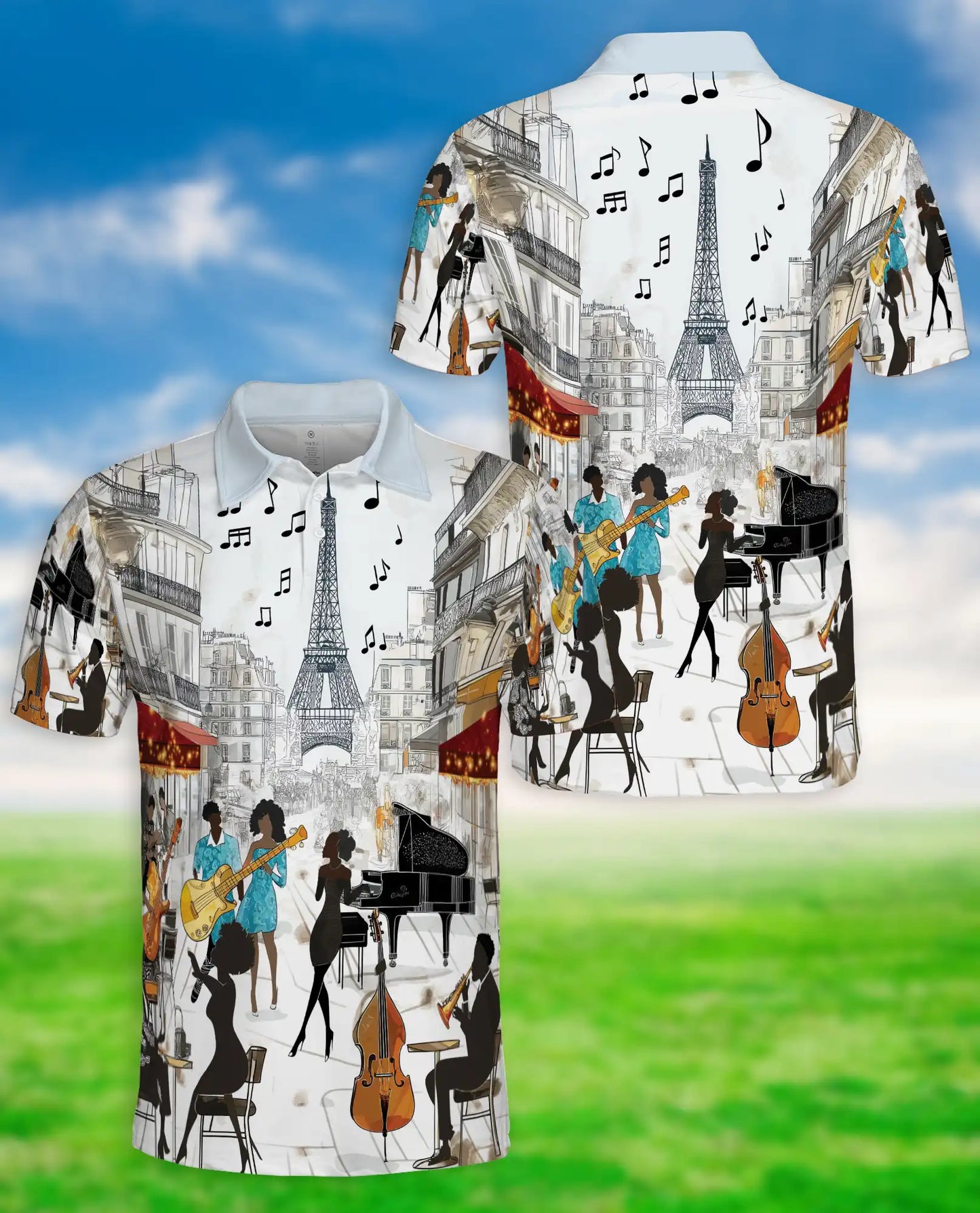 Paris Jazz Music 3D Polo Shirt for Men – Eiffel Tower Artistic Style | Netecom