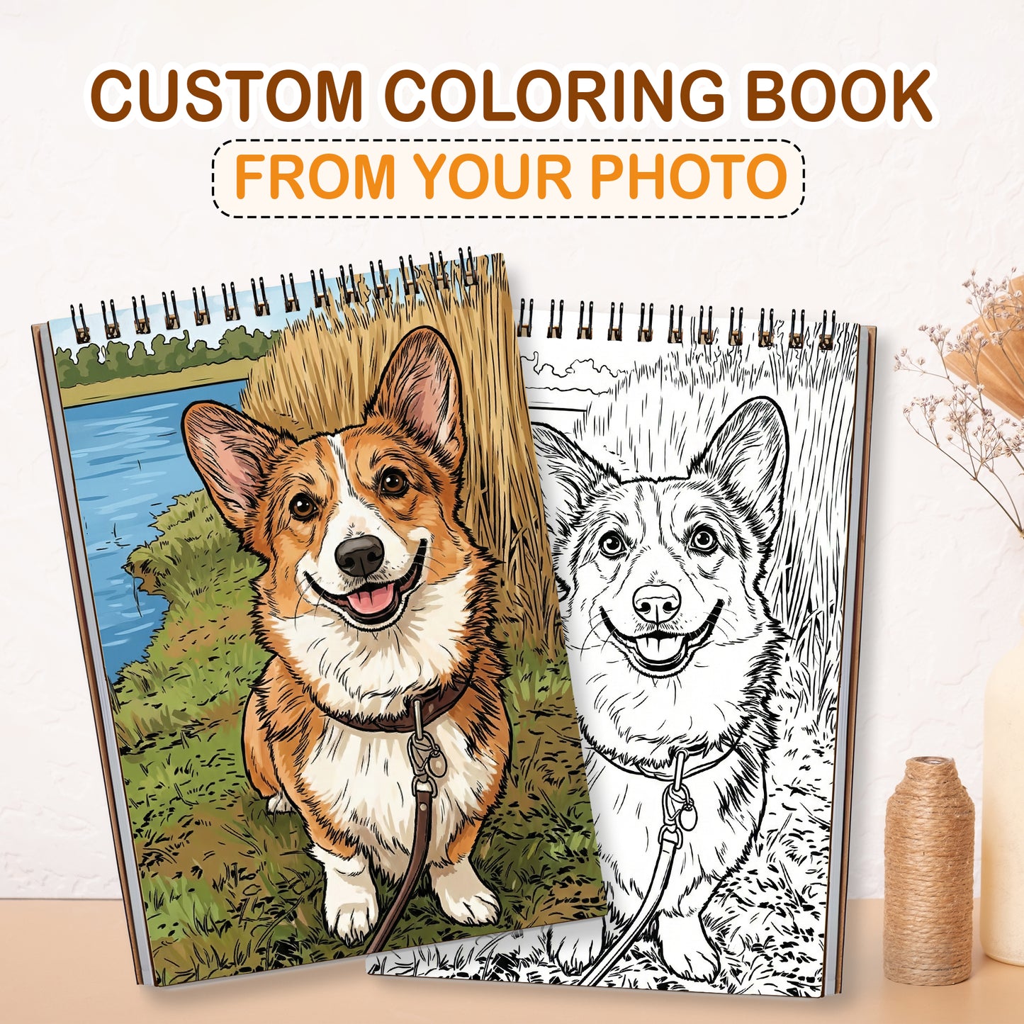 Personalized Dog Coloring Book for Adults – Custom Dog Line Art Coloring Pages from Photos,  12–48 Pages, Unique Keepsake for Pet Lovers, Premium Wooden Cover, Spiral Binding