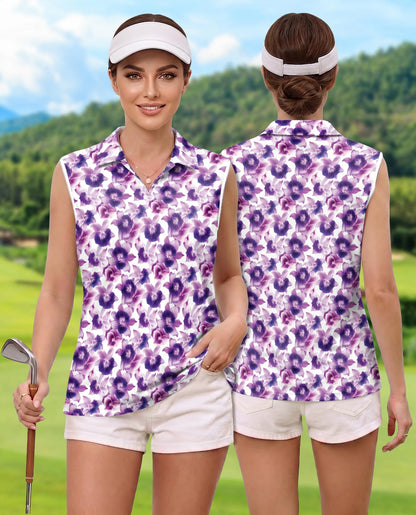 Purple Orchid Flower Sleeveless Polo Shirt for Women – Elegant Floral Style | Netecom