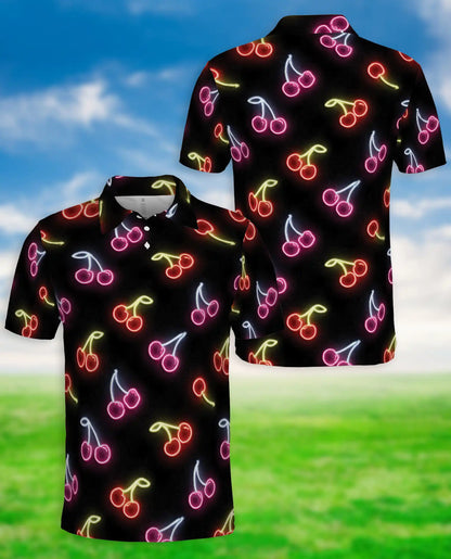 Neon Cherry Polo Shirt for Men- Retro Fruit Glow Aesthetic Shirt | Netecom