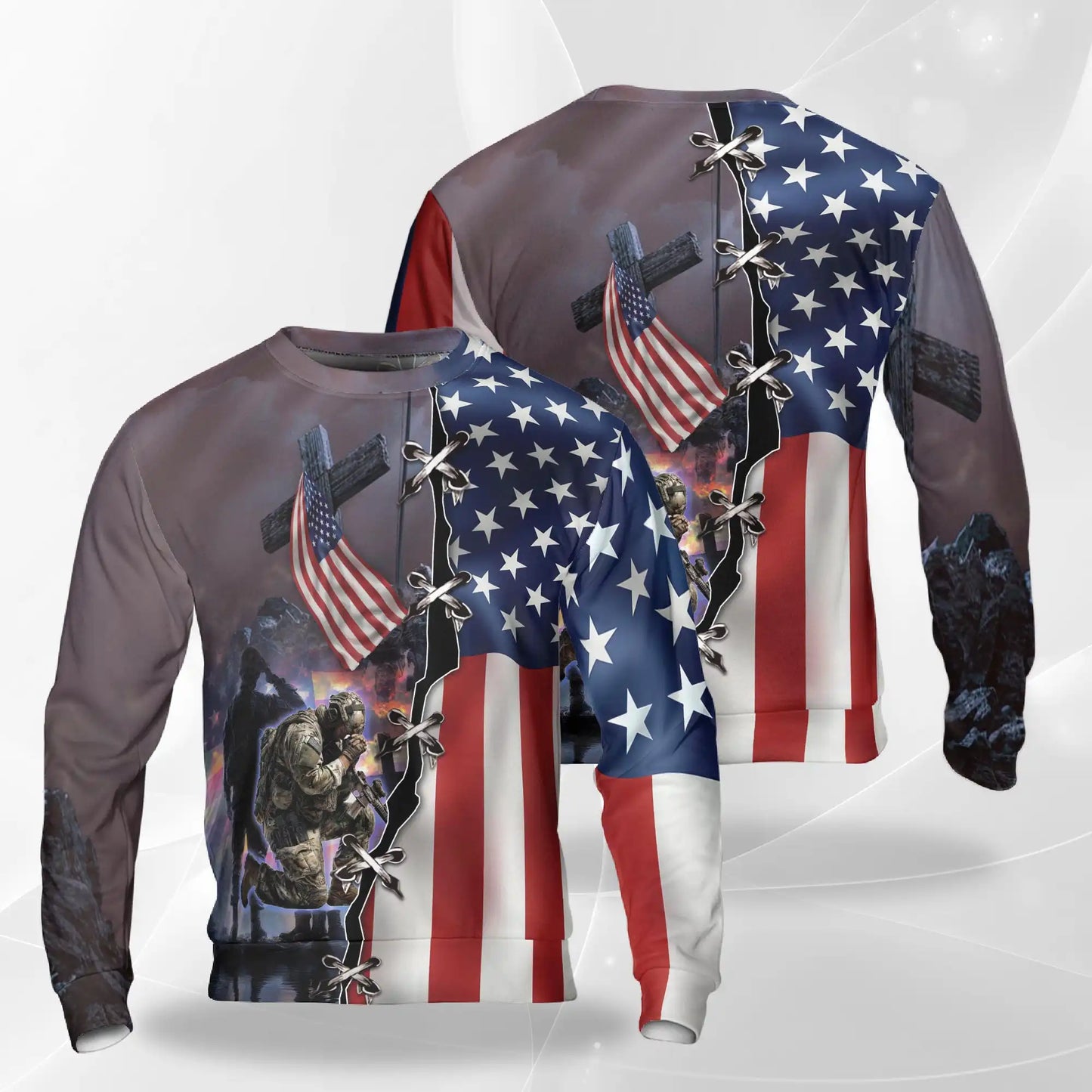 American Flag Kneeling Soldier and Cross Sweatshirt, 3D All Over Print Patriotic Military Crewneck Pullover for Men Women, Veteran Gift - Netecom