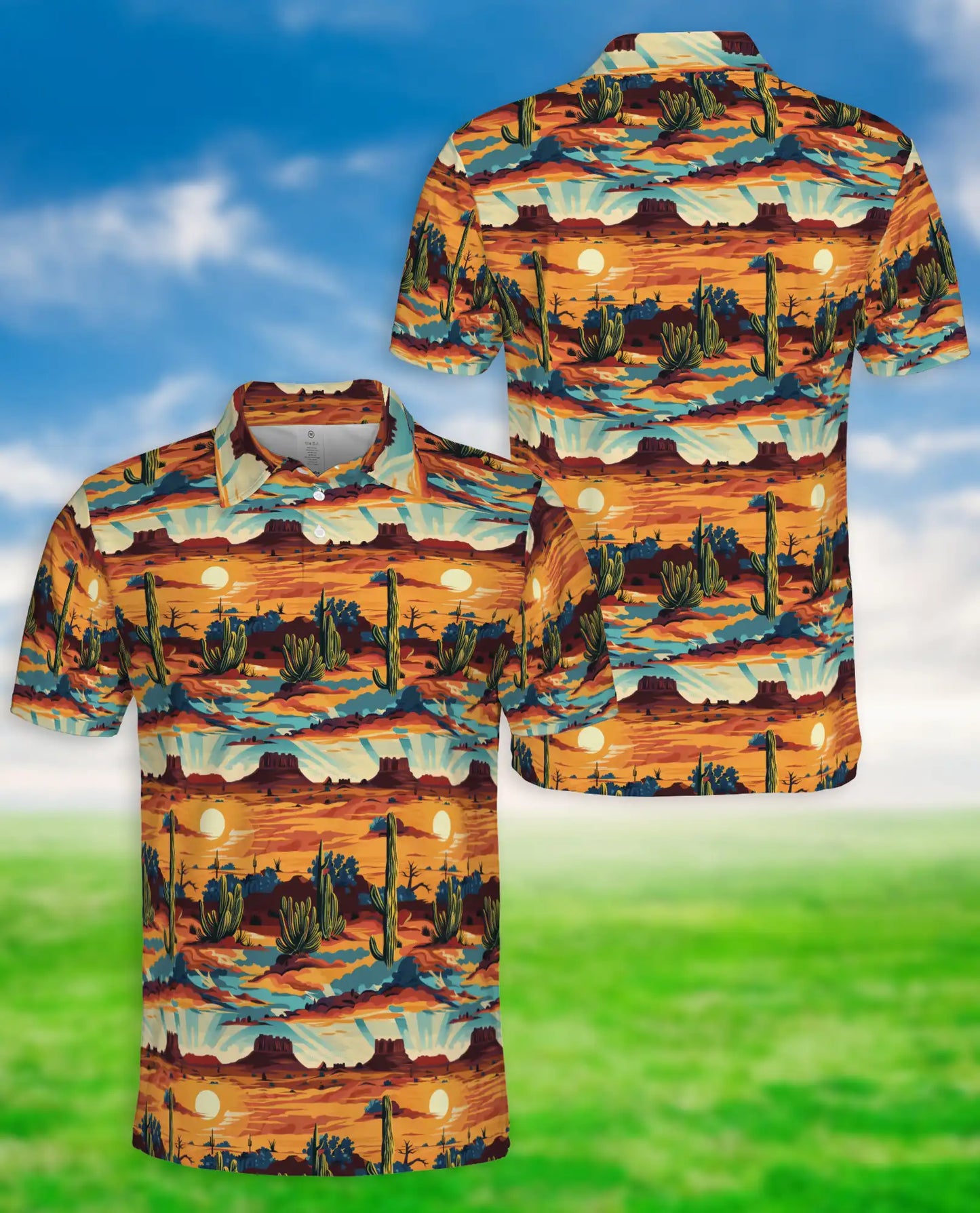Southwestern Desert Sunset 3D Polo Shirt for Men – Cactus Western Style | Netecom