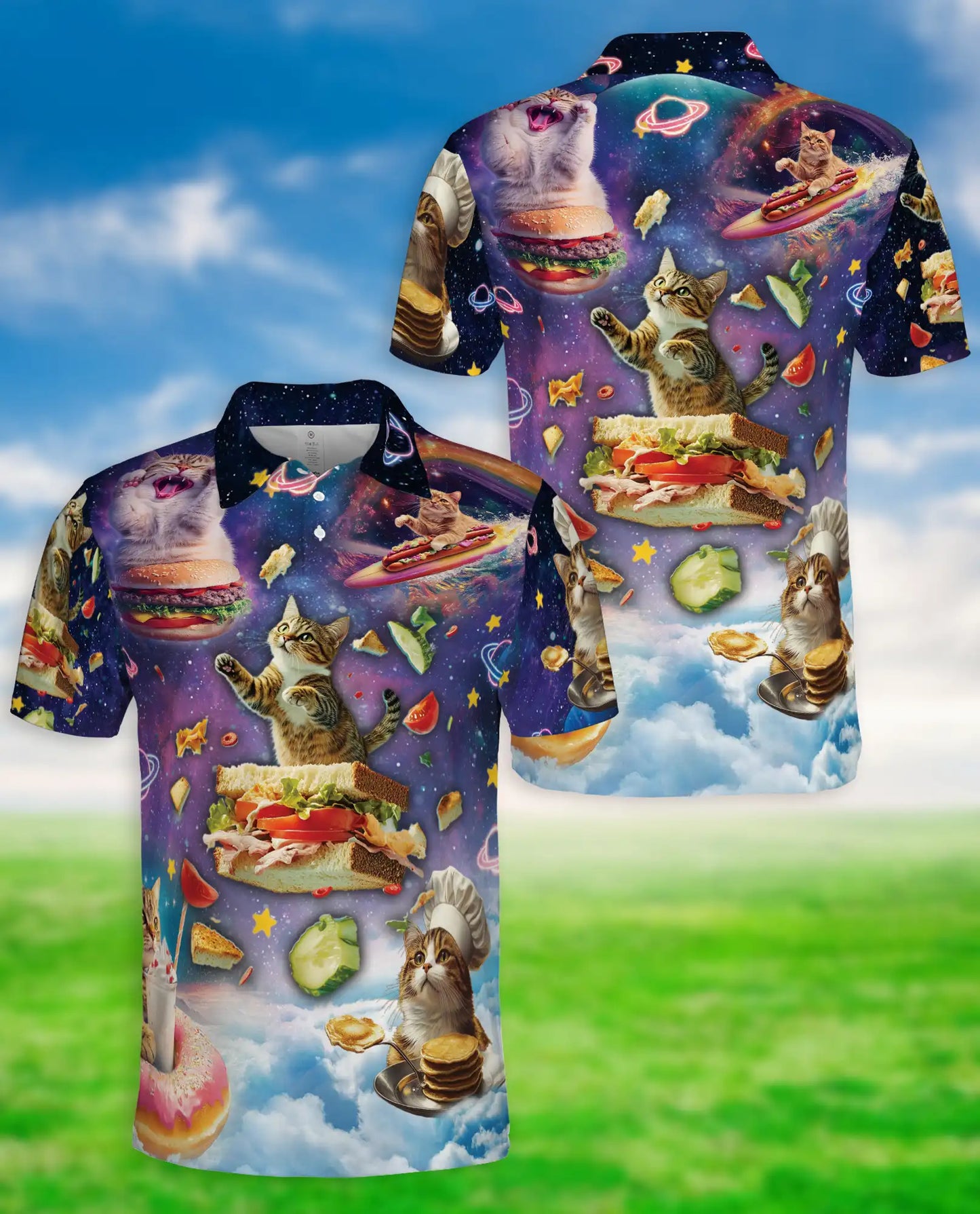 Space Cat Food 3D Polo Shirt for Men – Funny Cosmic Kitty Style | Netecom