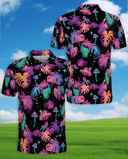 Neon Tropical Leaves Polo Shirt - Psychedelic Mushroom Style | Netecom