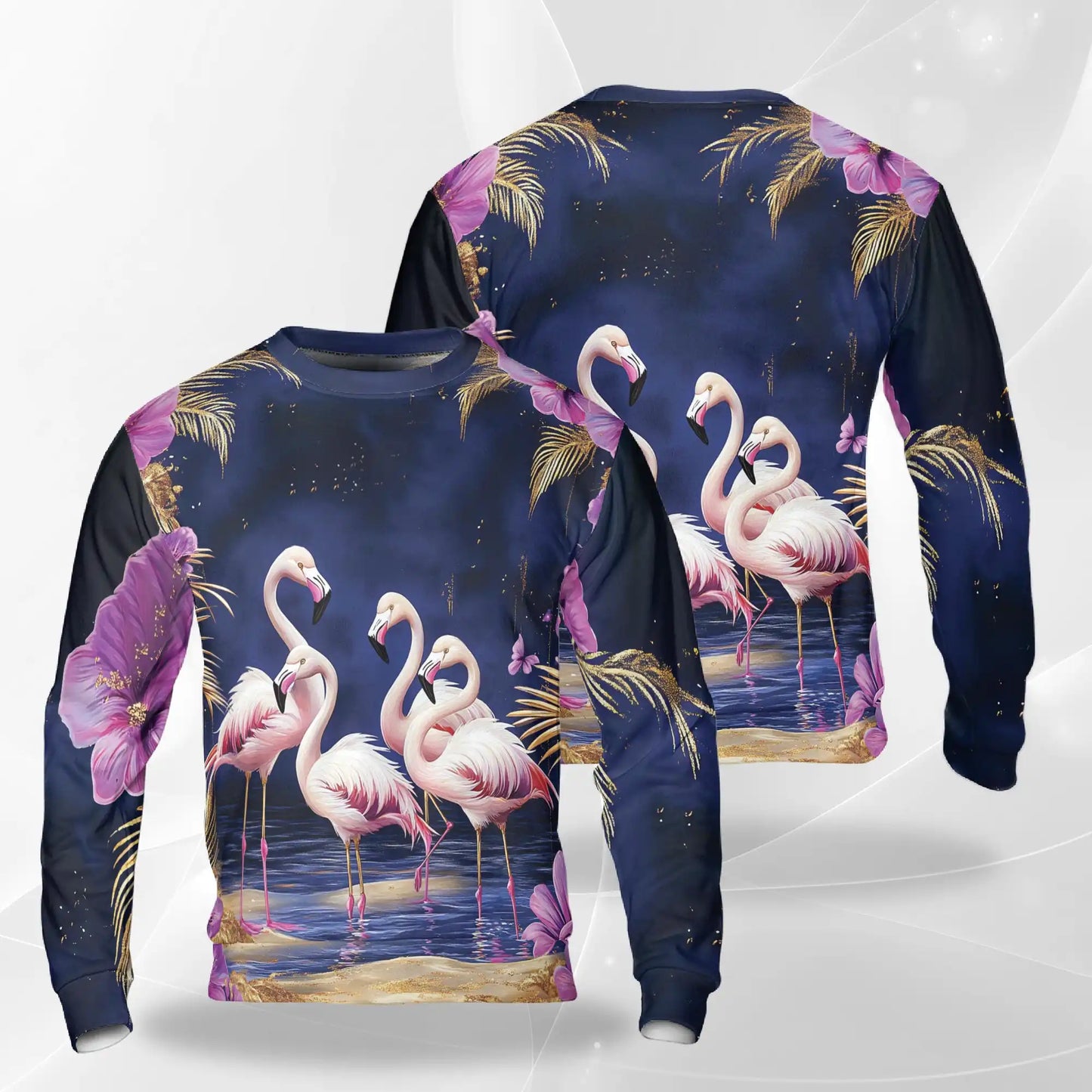 Flamingo Night Sweatshirt, 3D All Over Print Tropical Bird Moonlight Crewneck Pullover for Men Women, Flamingo Lover Gift - Netecom