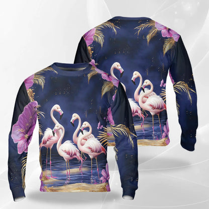 Flamingo Night Sweatshirt, 3D All Over Print Tropical Bird Moonlight Crewneck Pullover for Men Women, Flamingo Lover Gift - Netecom