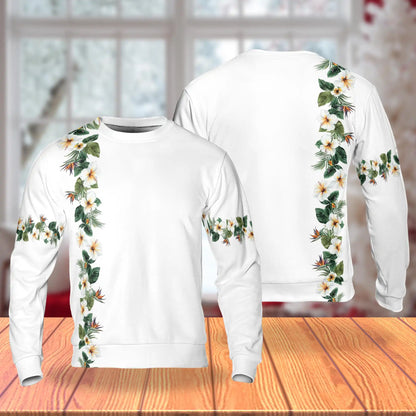 Hibiscus Floral White Sweatshirt, 3D All Over Print Tropical Flower Crewneck Pullover for Men Women, Hibiscus Lover Gift - Netecom