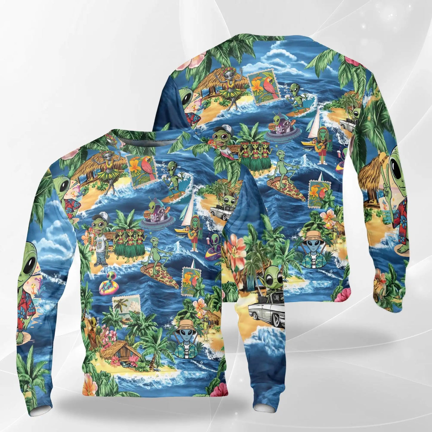 Funny Alien Surfing Sweatshirt, 3D All Over Print UFO Beach Crewneck Pullover for Men Women, Surfer Gift - Netecom